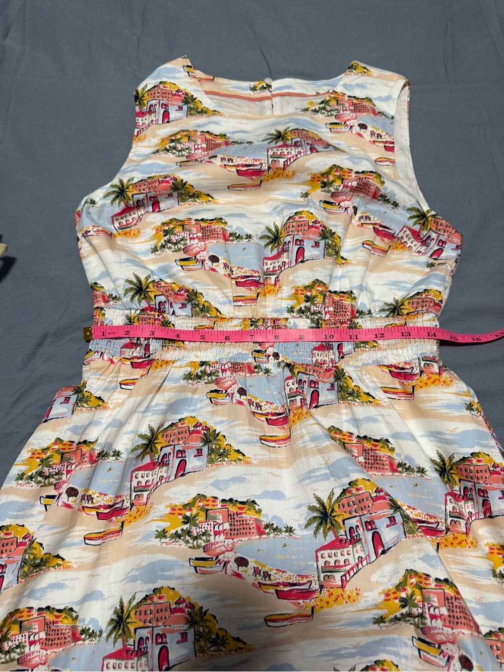 Boden Paradise Bay Smocked Waist Mini Dress Coastal Scenic Print Cotton US 6R - Picture 8 of 9